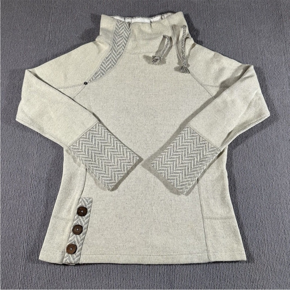 Prana Womens Sz Small‎ Funnel Neck Tunic Sweater Gray Drawstring Neck Pullover